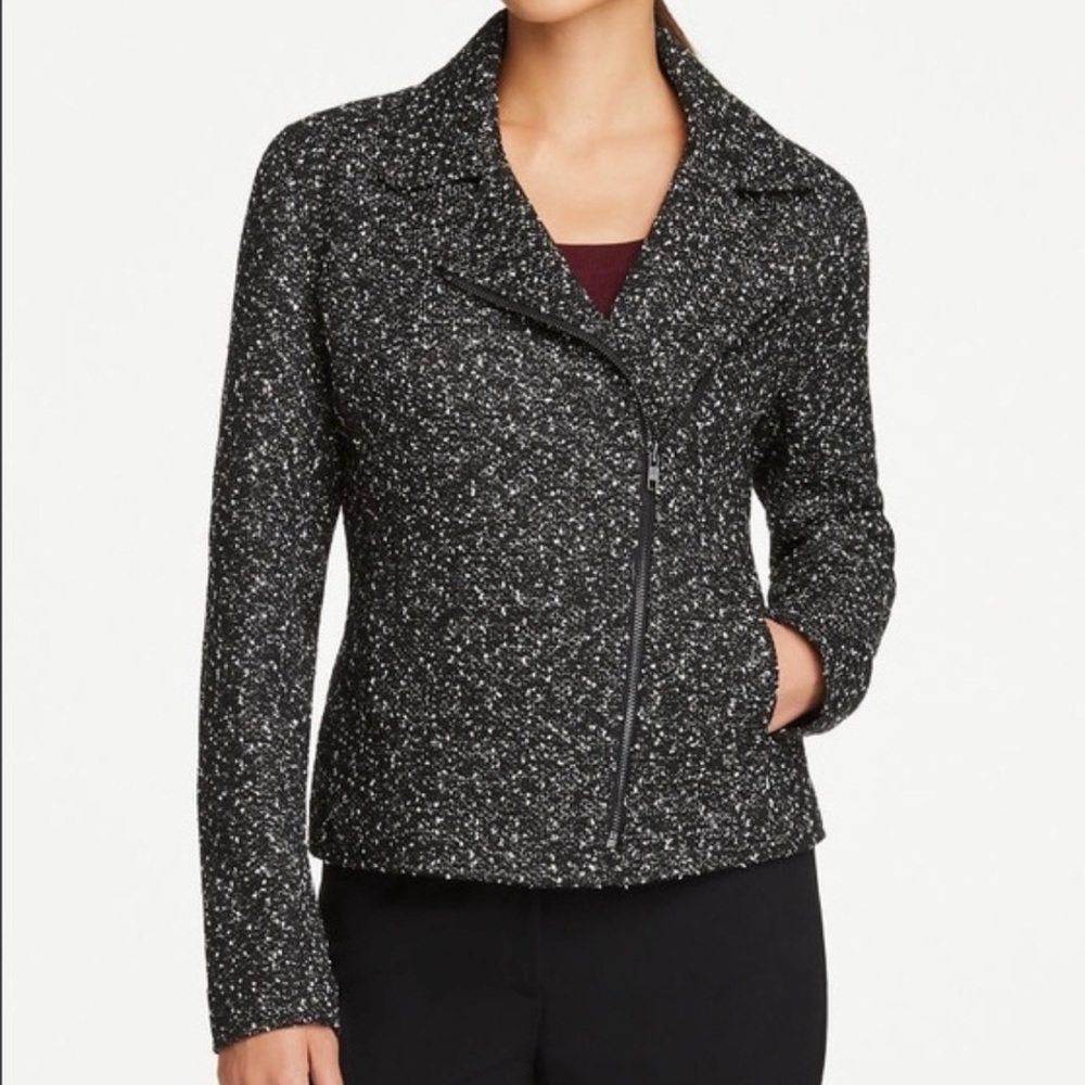 Ann Taylor Factory Tweed Moto Jacket Womens 6 Black V-Neck Office Blazer Preppy